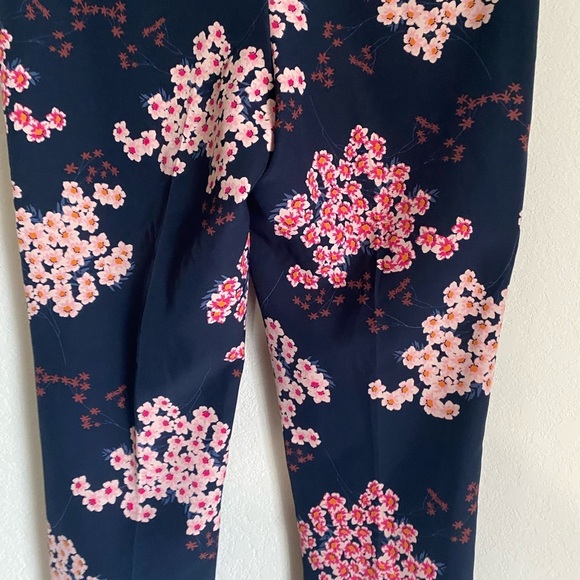 Grayson Navy Blue Pink Cherry Blossom Print Straight Ankle Leg Workwear Pants L - Picture 11 of 11